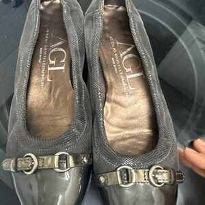 AGL Gray Patent Leather Flats with Buckle Detail
